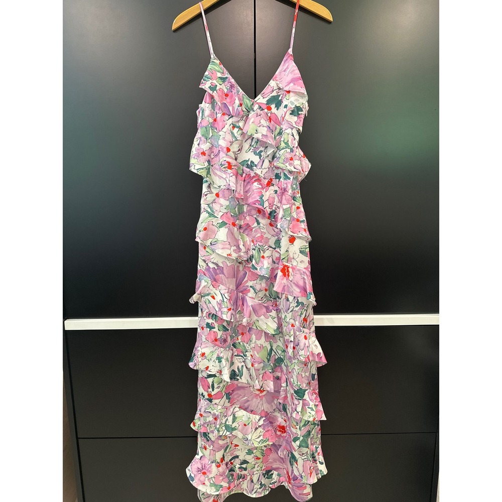 Belle by Badgley Mischka Floral Tiered Ruffle Maxi Gown Purple Pink NWT Size 0